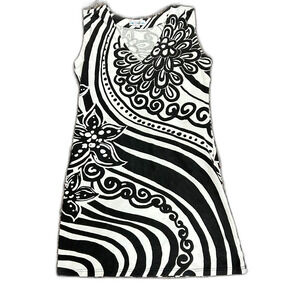 Tabi Celia Black White Abstract Floral V-Neck Sleeveless T-Shirt Dress Size M